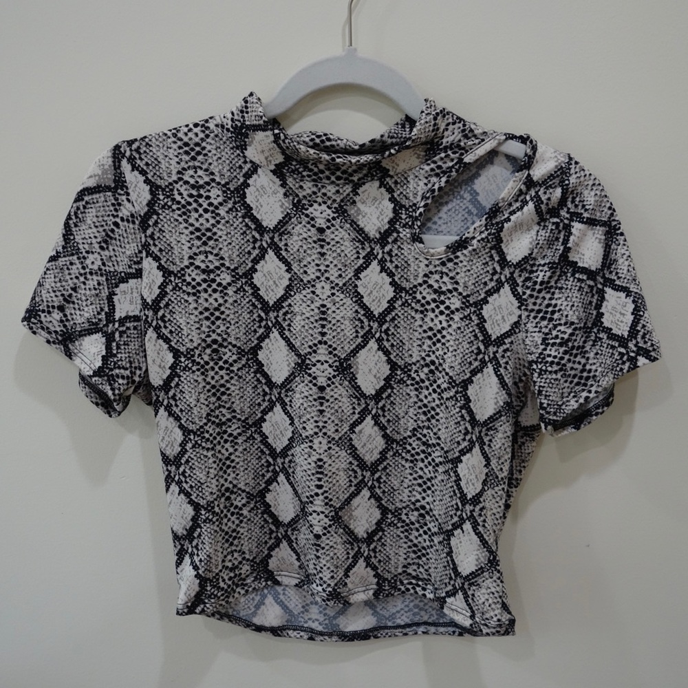 Caution To The Wind Snake Skin Print Crop Top with Cut Out Shoulder - Large